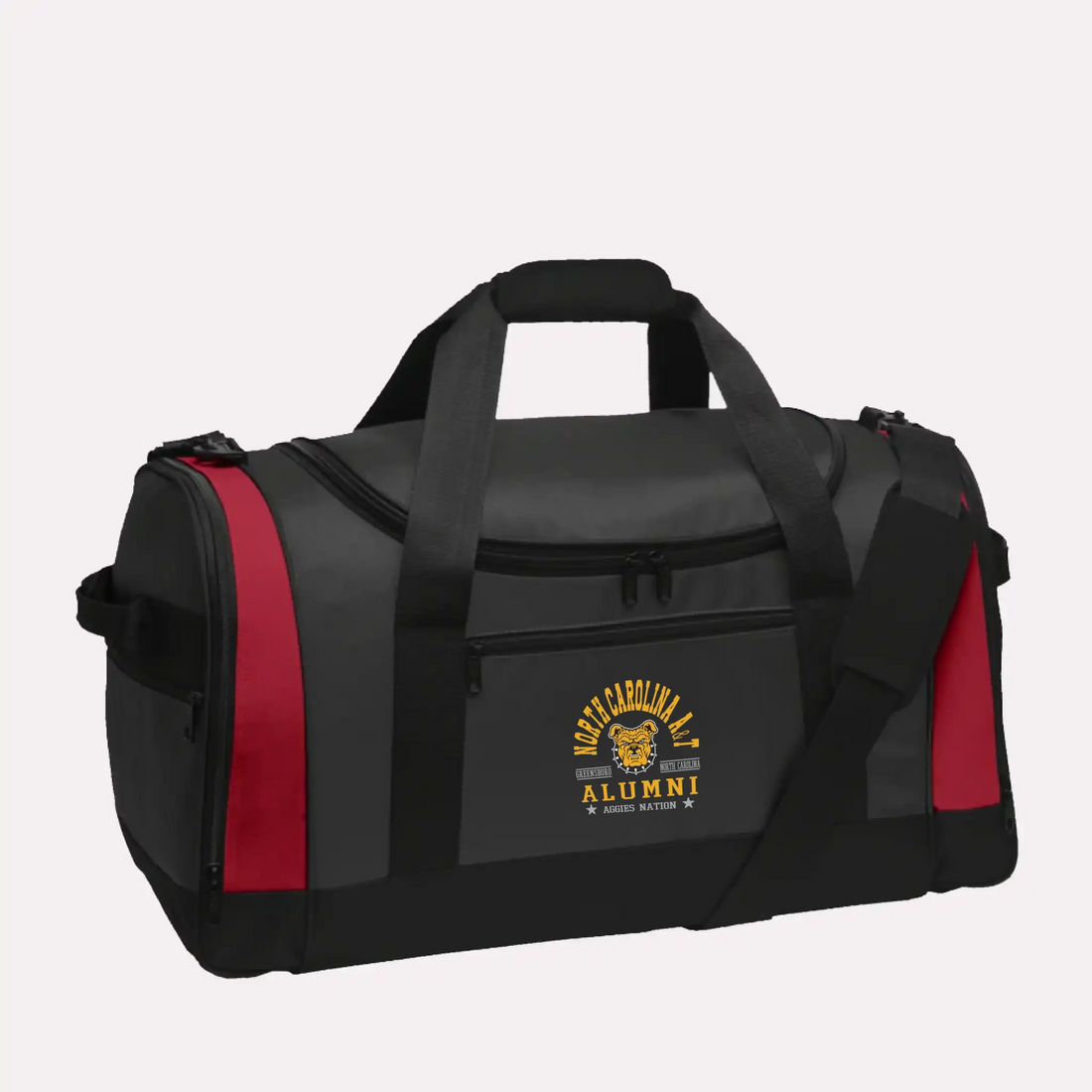 A royal blue custom alumni Voyager duffel bag, personalized with a classic school logo for proud graduates.